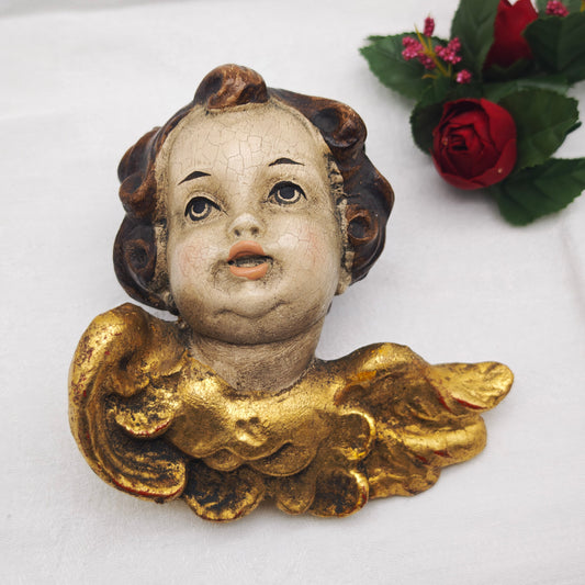 Antike Putte aus Holz vergoldet braun weiß Barock Engel Wandfigur Dekoration Vintage Wanddeko