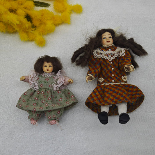 Heidi Ott Puppen Set 2 Mädchen Biegepuppen 10 cm und 6 cm Vintage Puppenhaus Sammler Miniatur Kleidung Diorama Dollhouse Dolls