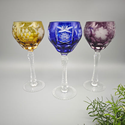 Annahütte Kristallglas Set 3 Römergläser bunt blau gelb lila Traubenschliff Weinlaub Traube Sternschliff Vintage