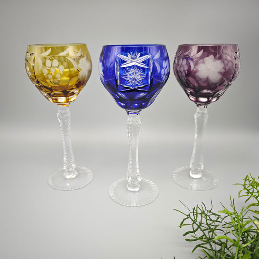 Annahütte Kristallglas Set 3 Römergläser bunt blau gelb lila Traubenschliff Weinlaub Traube Sternschliff Vintage