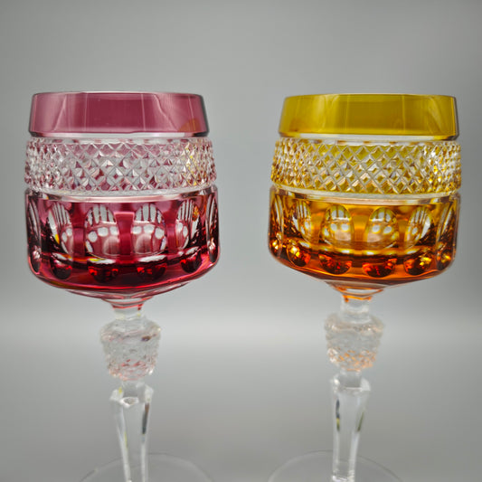 Kristallglas Set 2 Römergläser rot gelb geschliffen Vintage Bleikristall edle Weingläser Tafelglas