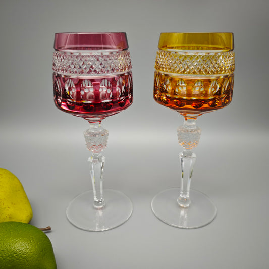 Kristallglas Set 2 Römergläser rot gelb geschliffen Vintage Bleikristall edle Weingläser Tafelglas