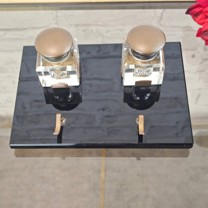 Schreibtischset Tintenfass Füllerhalter Glas Messing auf schwarzem Steinsockel Vintage Schreibgarnitur