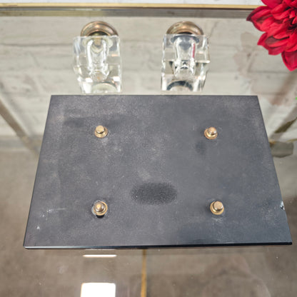 Schreibtischset Tintenfass Füllerhalter Glas Messing auf schwarzem Steinsockel Vintage Schreibgarnitur