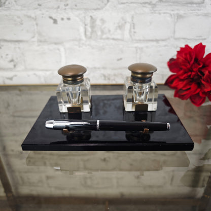 Schreibtischset Tintenfass Füllerhalter Glas Messing auf schwarzem Steinsockel Vintage Schreibgarnitur