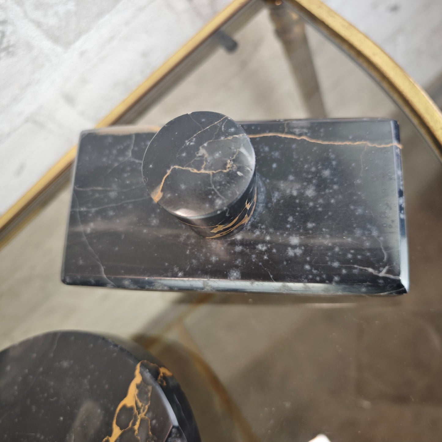 Art Deco Tintenfass Schreibtischset Marmor schwarz mit Löschwiege Glastintenfässer Vintage Schreibtischgarnitur