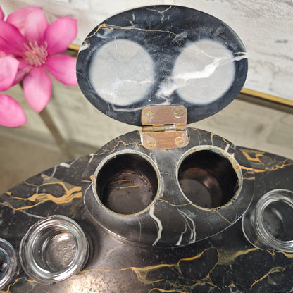 Art Deco Tintenfass Schreibtischset Marmor schwarz mit Löschwiege Glastintenfässer Vintage Schreibtischgarnitur
