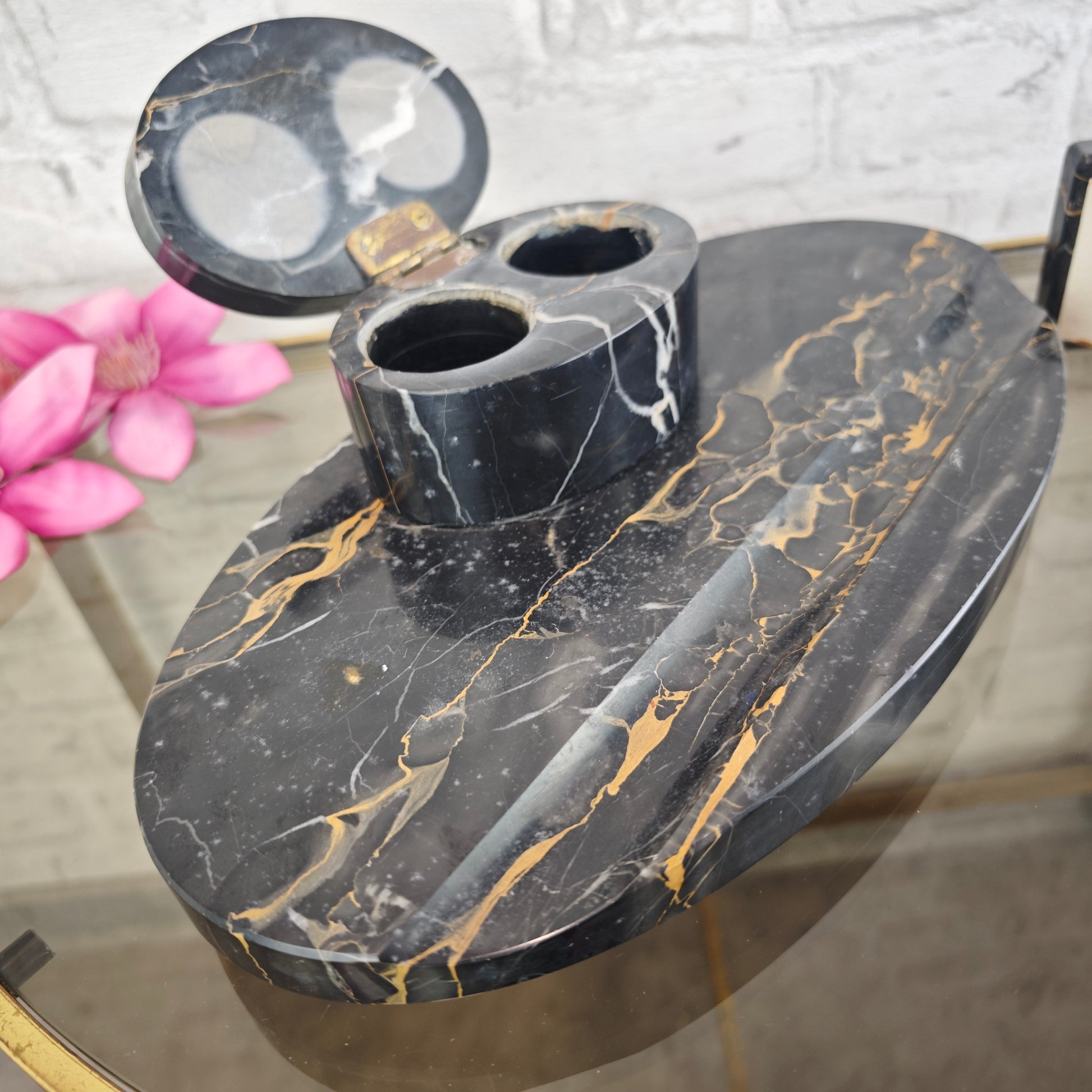 Art Deco Tintenfass Schreibtischset Marmor schwarz mit Löschwiege Glastintenfässer Vintage Schreibtischgarnitur