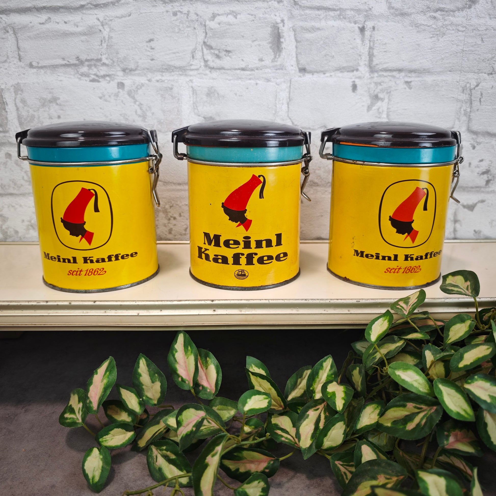Meinl Kaffee Vorratsdosen Set 3 Stück Gelb Türkis Braun Vintage 1960er Kaffeedosen Retro Küche
