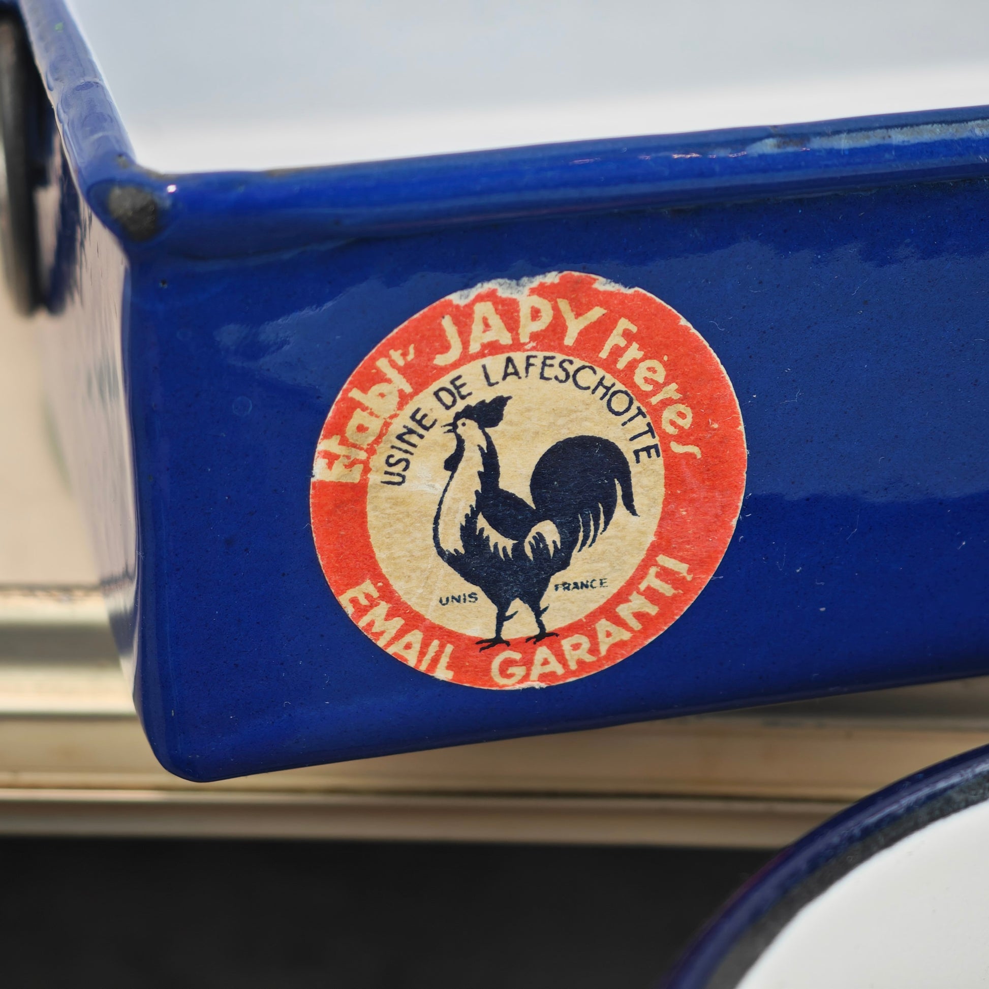 Emaille Set 6 Teile Blau Weiß Vintage Japy-Frères 1920er 1930er Landhaus Küche Backform Trichter Messbecher