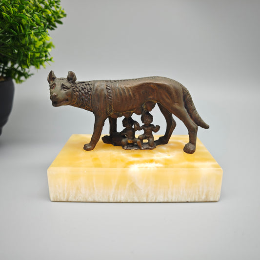 Kapitolinische Wölfin Bronzefigur Romulus Remus Replik Vintage Marmorsockel Rom Mythologie 7cm
