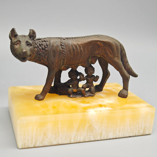 Kapitolinische Wölfin Bronzefigur Romulus Remus Replik Vintage Marmorsockel Rom Mythologie 7cm