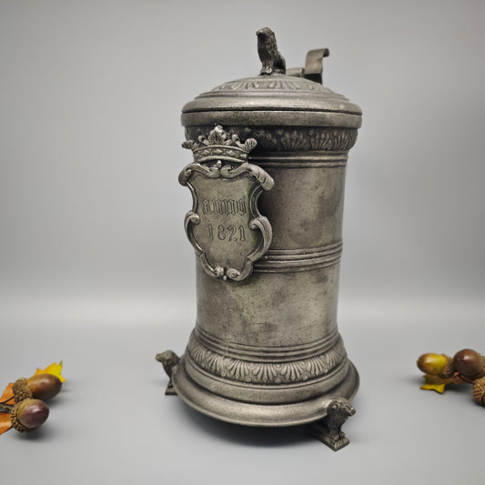 Vintage Zunftkanne Zinn Prunkkanne Anno 1821 Löwen Gilde Reproduktion Bierkrug Humpen 27cm