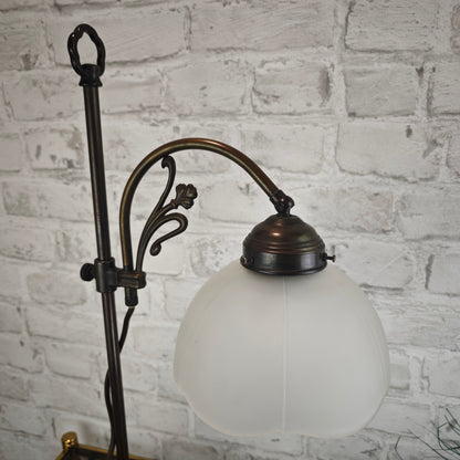 Jugendstil Tischlampe Casablanca West Germany Messing bronze höhenverstellbar mit mattem Glasschirm Blütenform ca 56 cm Vintage Lampe