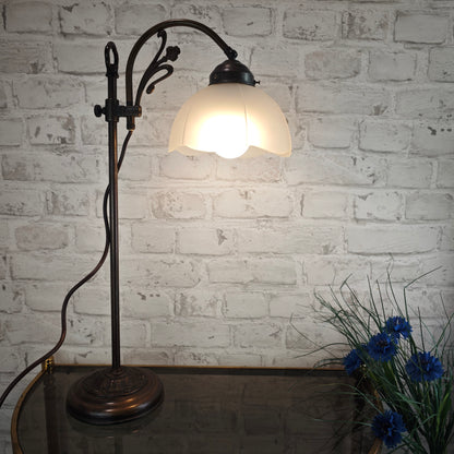 Jugendstil Tischlampe Casablanca West Germany Messing bronze höhenverstellbar mit mattem Glasschirm Blütenform ca 56 cm Vintage Lampe