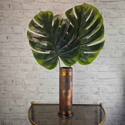 Massive Kupfervase 1960er Mid-Century Modern Relief Sonne Sterne 33,5 cm schwere Vase patiniert Vintage Dekovase