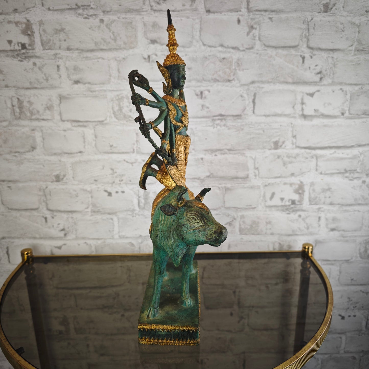 Shiva Nandi Bronze Statue 44 cm grün gold Patina | traditionelle hinduistische Darstellung | schwere Figur aus Indien