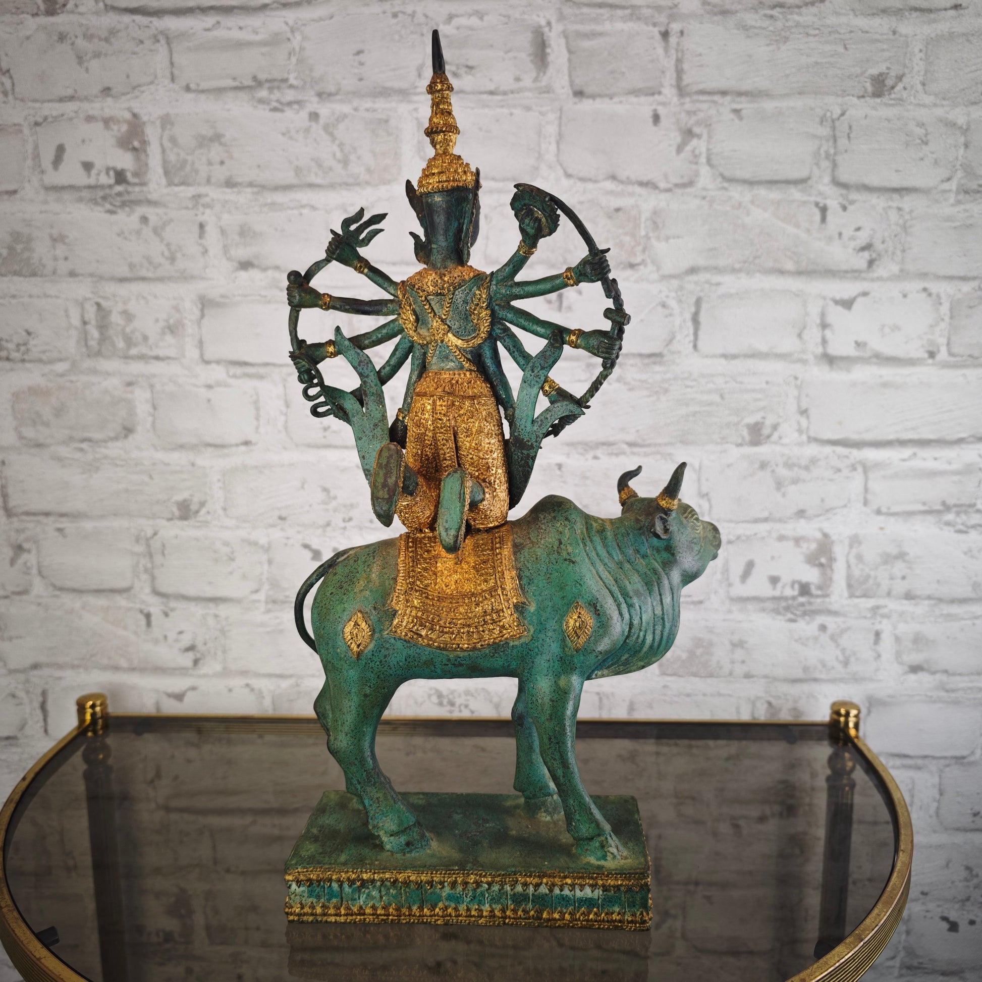 Shiva Nandi Bronze Statue 44 cm grün gold Patina | traditionelle hinduistische Darstellung | schwere Figur aus Indien