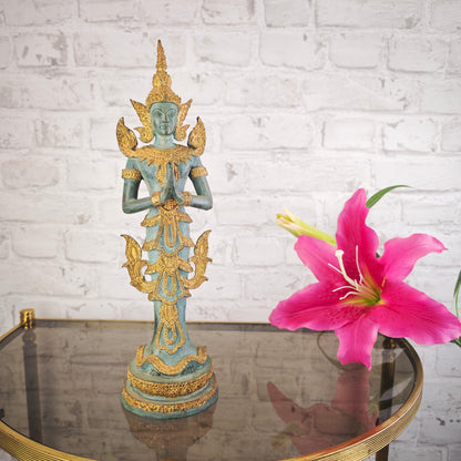Thai Thepphanom Figur Bronze Patina 38 cm Messingguss stehende Deva Anjali Mudra Tempelwächter Statue Meditationsraum Yoga Deko