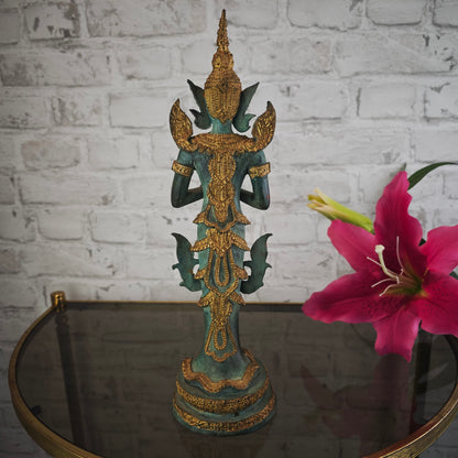 Thai Thepphanom Figur Bronze Patina 38 cm Messingguss stehende Deva Anjali Mudra Tempelwächter Statue Meditationsraum Yoga Deko