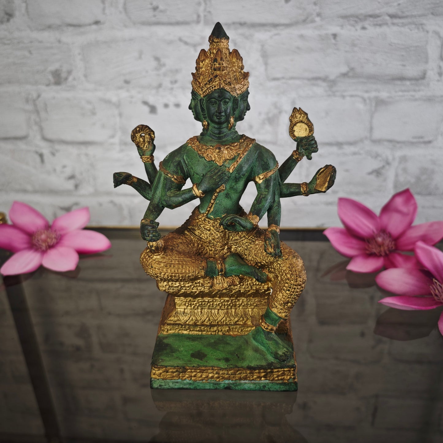 Brahma Statue Bronze Patina 20 cm viergesichtig sitzend Metallguss spirituelle Figur Meditation Yoga Raum Deko