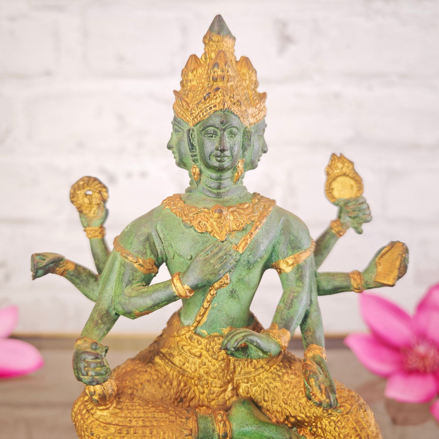 Brahma Statue Bronze Patina 20 cm viergesichtig sitzend Metallguss spirituelle Figur Meditation Yoga Raum Deko