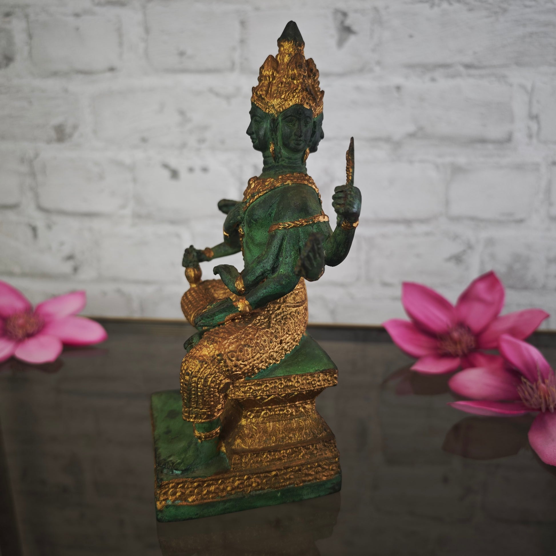 Brahma Statue Bronze Patina 20 cm viergesichtig sitzend Metallguss spirituelle Figur Meditation Yoga Raum Deko