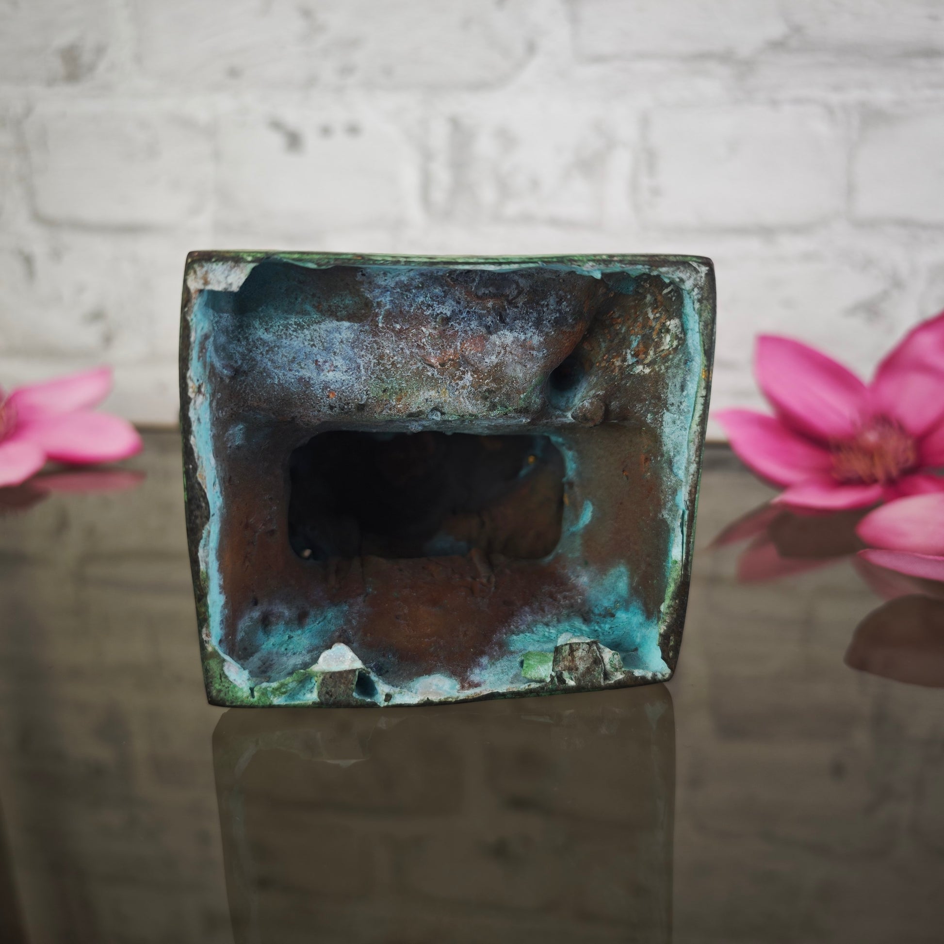 Brahma Statue Bronze Patina 20 cm viergesichtig sitzend Metallguss spirituelle Figur Meditation Yoga Raum Deko