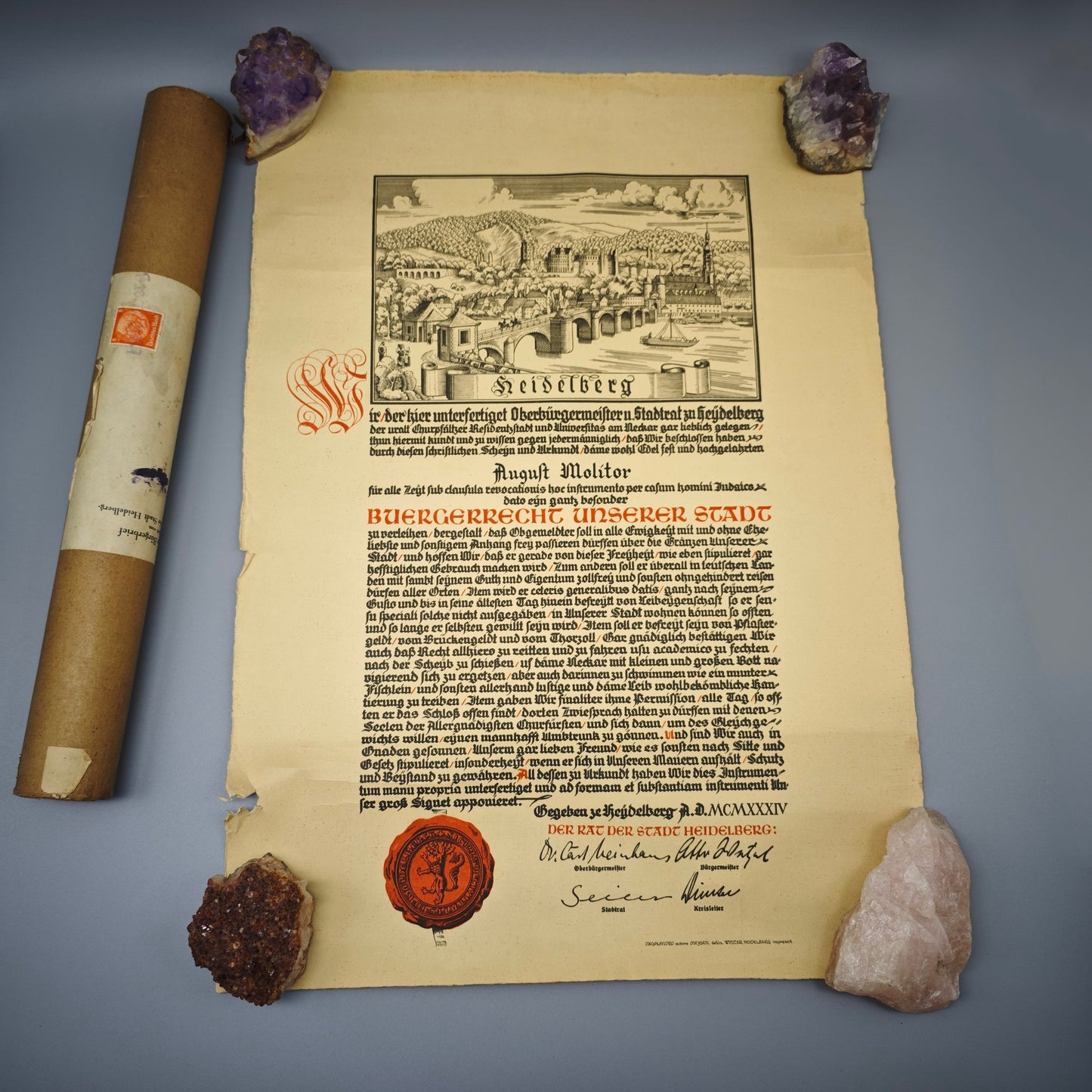 Heidelberg Bürgerrechtsurkunde 1934 August Molitor mit Originalrolle Urkunde Papier Stadturkunde Dokument Zeitgeschichte