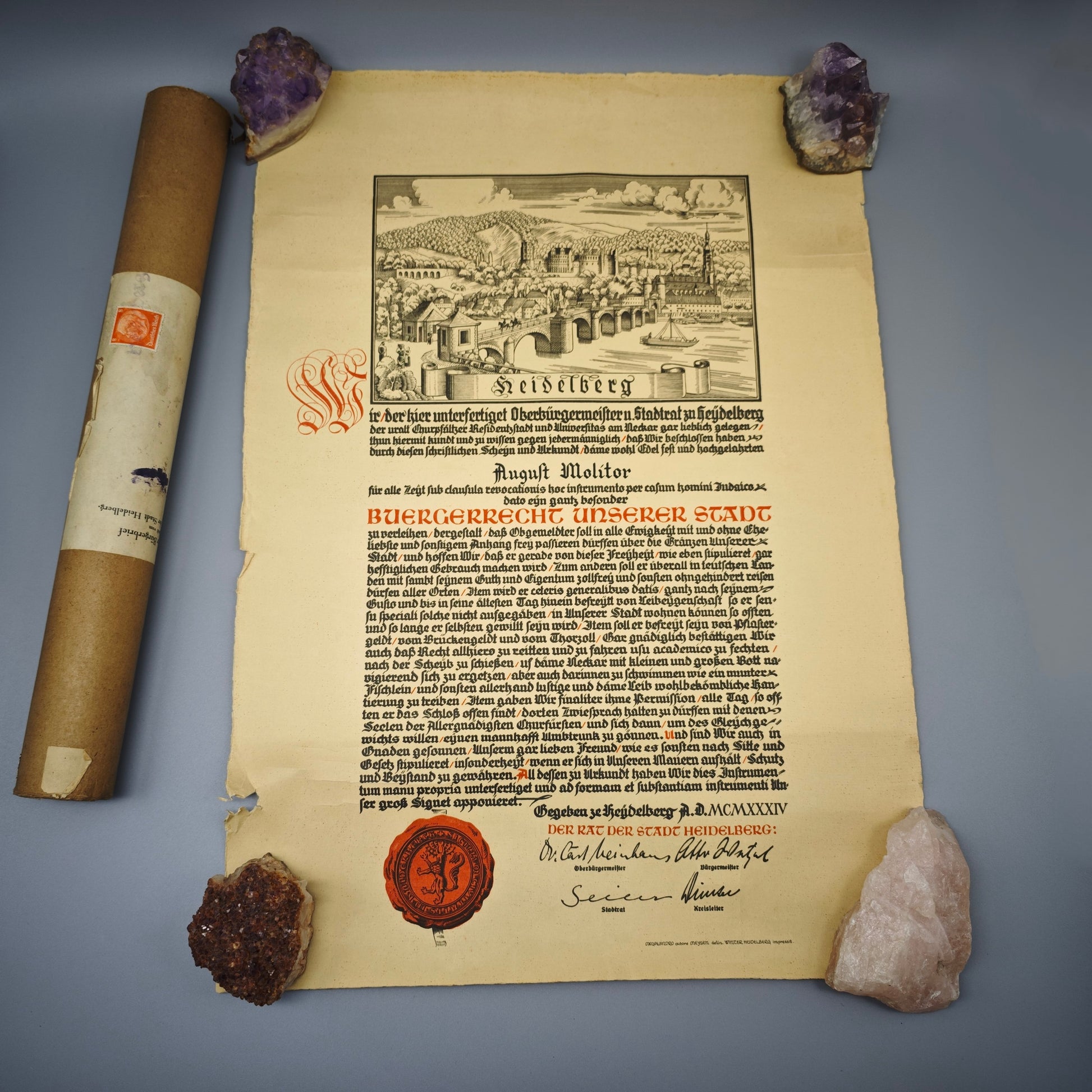 Heidelberg Bürgerrechtsurkunde 1934 August Molitor mit Originalrolle Urkunde Papier Stadturkunde Dokument Zeitgeschichte