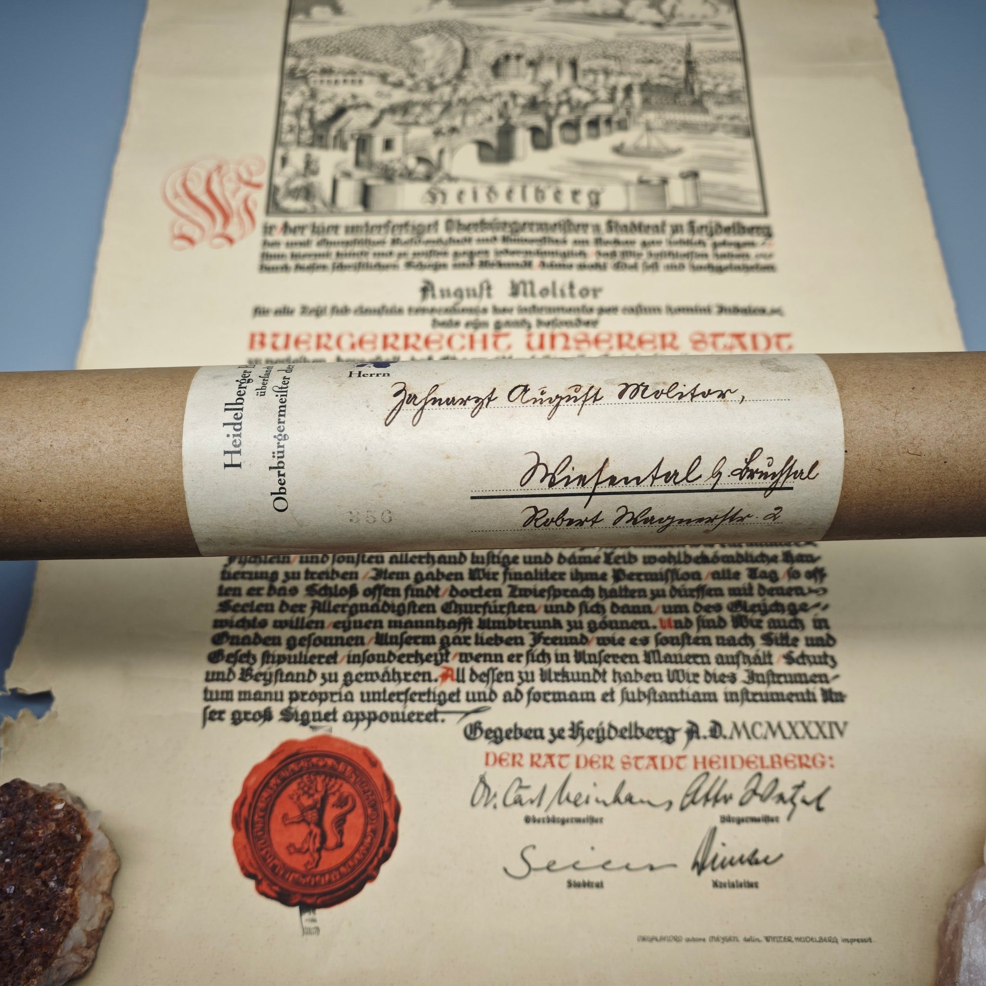 Heidelberg Bürgerrechtsurkunde 1934 August Molitor mit Originalrolle Urkunde Papier Stadturkunde Dokument Zeitgeschichte