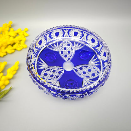 Blaue Kristallglas Anbietschale mit Schliffmuster Sternen auf Füßen Vintage Servierschale 18 cm böhmisches Bleikristall