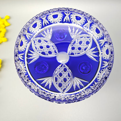 Blaue Kristallglas Anbietschale mit Schliffmuster Sternen auf Füßen Vintage Servierschale 18 cm böhmisches Bleikristall