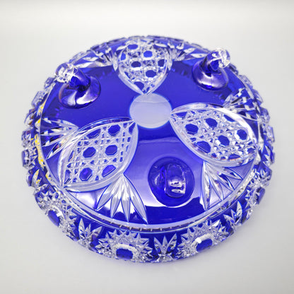 Blaue Kristallglas Anbietschale mit Schliffmuster Sternen auf Füßen Vintage Servierschale 18 cm böhmisches Bleikristall