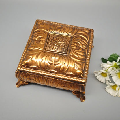 Guban Schmuckschatulle Kupfer Relief quadratisch mit Spiegel Samt innen Vintage Schmuckdose 12,5 cm