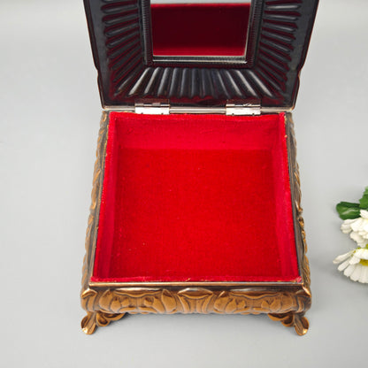 Guban Schmuckschatulle Kupfer Relief quadratisch mit Spiegel Samt innen Vintage Schmuckdose 12,5 cm