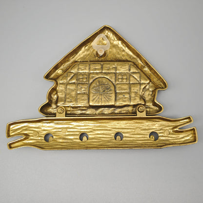 Messing Schlüsselbrett mit Reetdachhaus Motiv Hakenleiste Landhaus Stil Wanddeko 20 cm Vintage