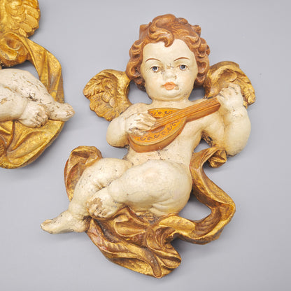 Engel Putten Holz geschnitzt musizierende Wanddeko Paar Gold Weiss C.H. 25 cm Barock Stil Vintage Set