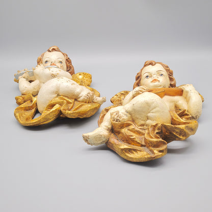 Engel Putten Holz geschnitzt musizierende Wanddeko Paar Gold Weiss C.H. 25 cm Barock Stil Vintage Set