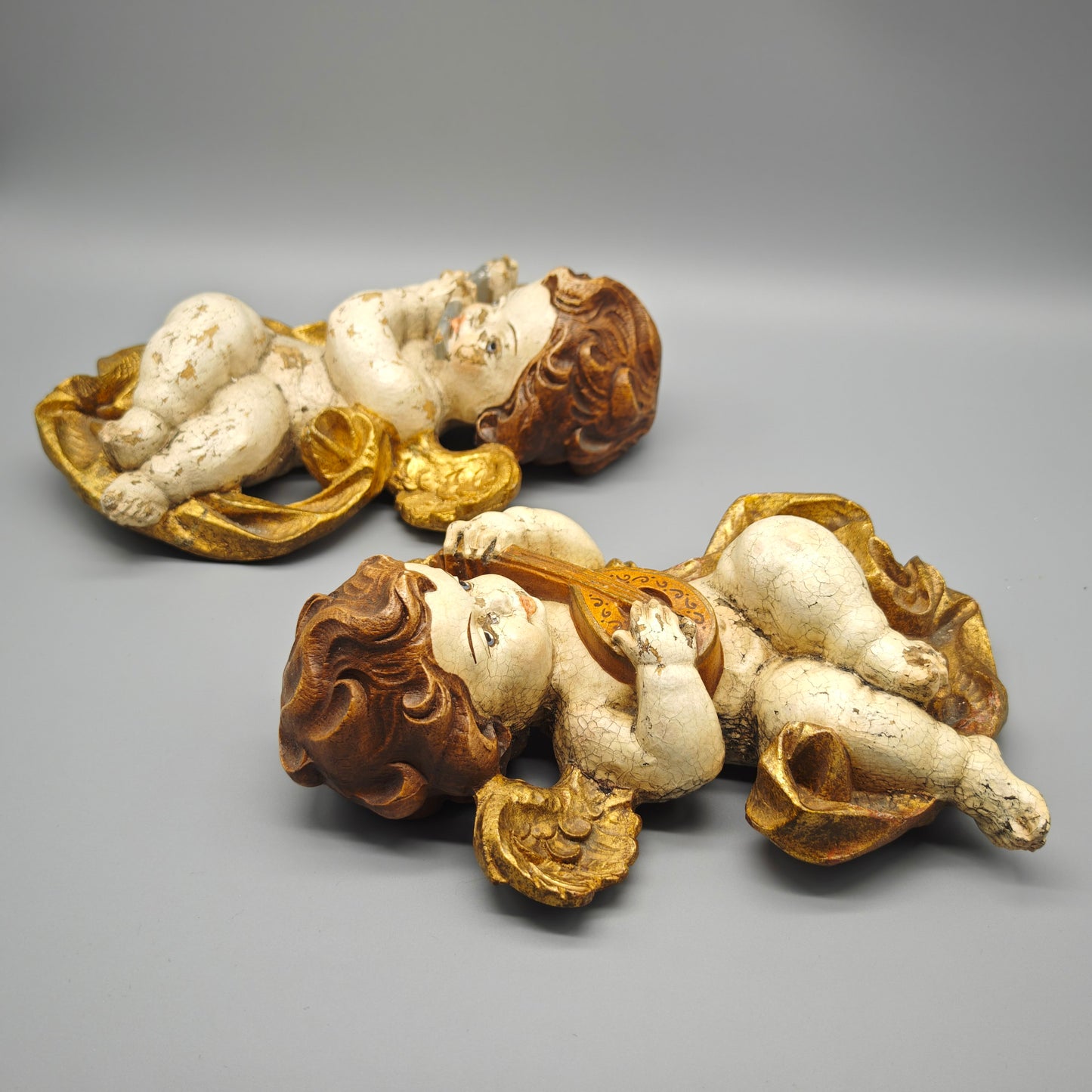 Engel Putten Holz geschnitzt musizierende Wanddeko Paar Gold Weiss C.H. 25 cm Barock Stil Vintage Set