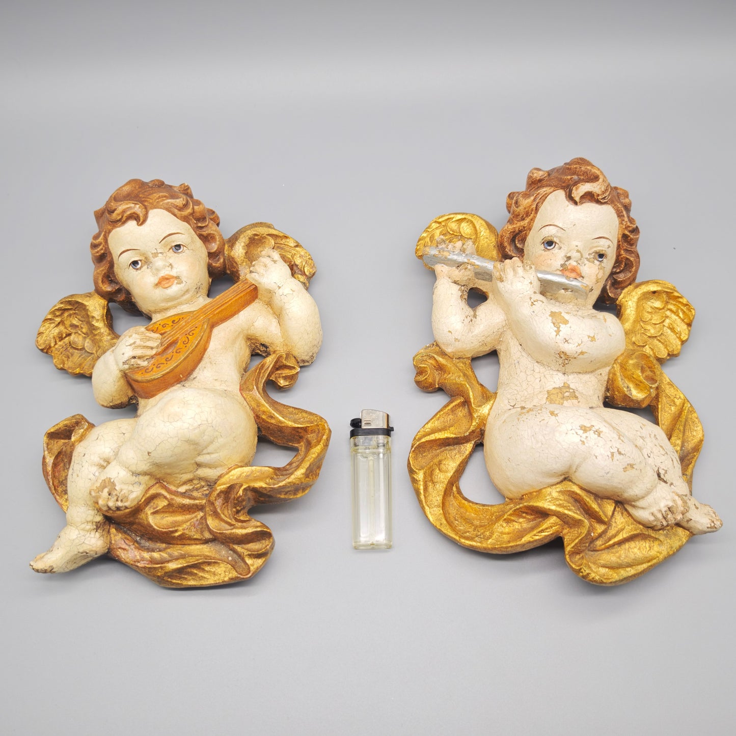 Engel Putten Holz geschnitzt musizierende Wanddeko Paar Gold Weiss C.H. 25 cm Barock Stil Vintage Set