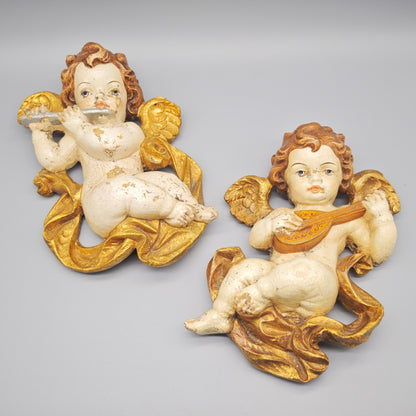 Engel Putten Holz geschnitzt musizierende Wanddeko Paar Gold Weiss C.H. 25 cm Barock Stil Vintage Set
