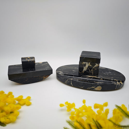 Art Deco Schreibtischgarnitur schwarzer Marmor Tintenfass Löschwiege Stiftablage 1930er Schreibset