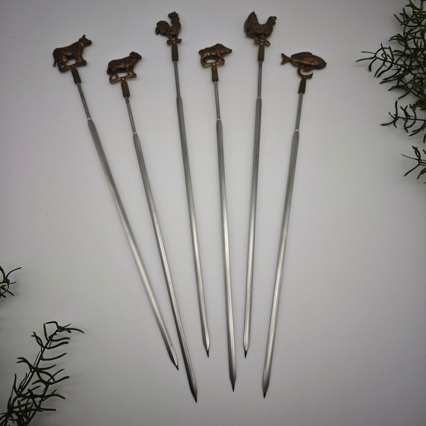 6x Schaschlik-Spieße Grillspieße Metall mit Tierfigur Kuh Schaf Hahn Wildschwein Rebhuhn Fisch Bowle Fondue