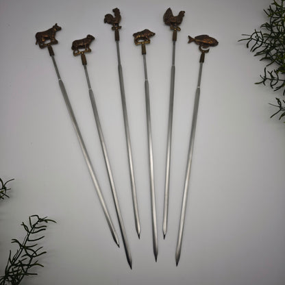 6x Schaschlik-Spieße Grillspieße Metall mit Tierfigur Kuh Schaf Hahn Wildschwein Rebhuhn Fisch Bowle Fondue