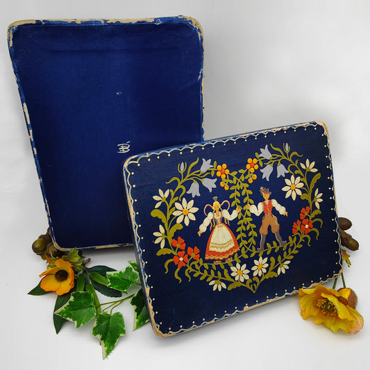 Antique bridal box peasant painting blue box storage box wedding couple heart Beer &amp; Co Ronneburg hand-painted Alm Bavaria cardboard box