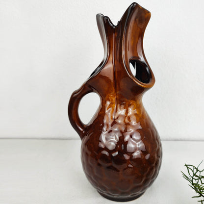 Midcentury Vase für 4 Blumen Zweige vintage braun Glanz Keramik Gesteck Griff Henkel organisch brutalistisch ausgefallen "Baum-Herz" Blumenfrosch Ikebana