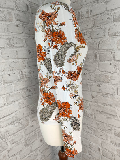2-piece outfit set style bundle midi skirt A-line with belt dark blue &amp; long-sleeved top white orange allover floral pattern paisley outfit skirt top clothing combination