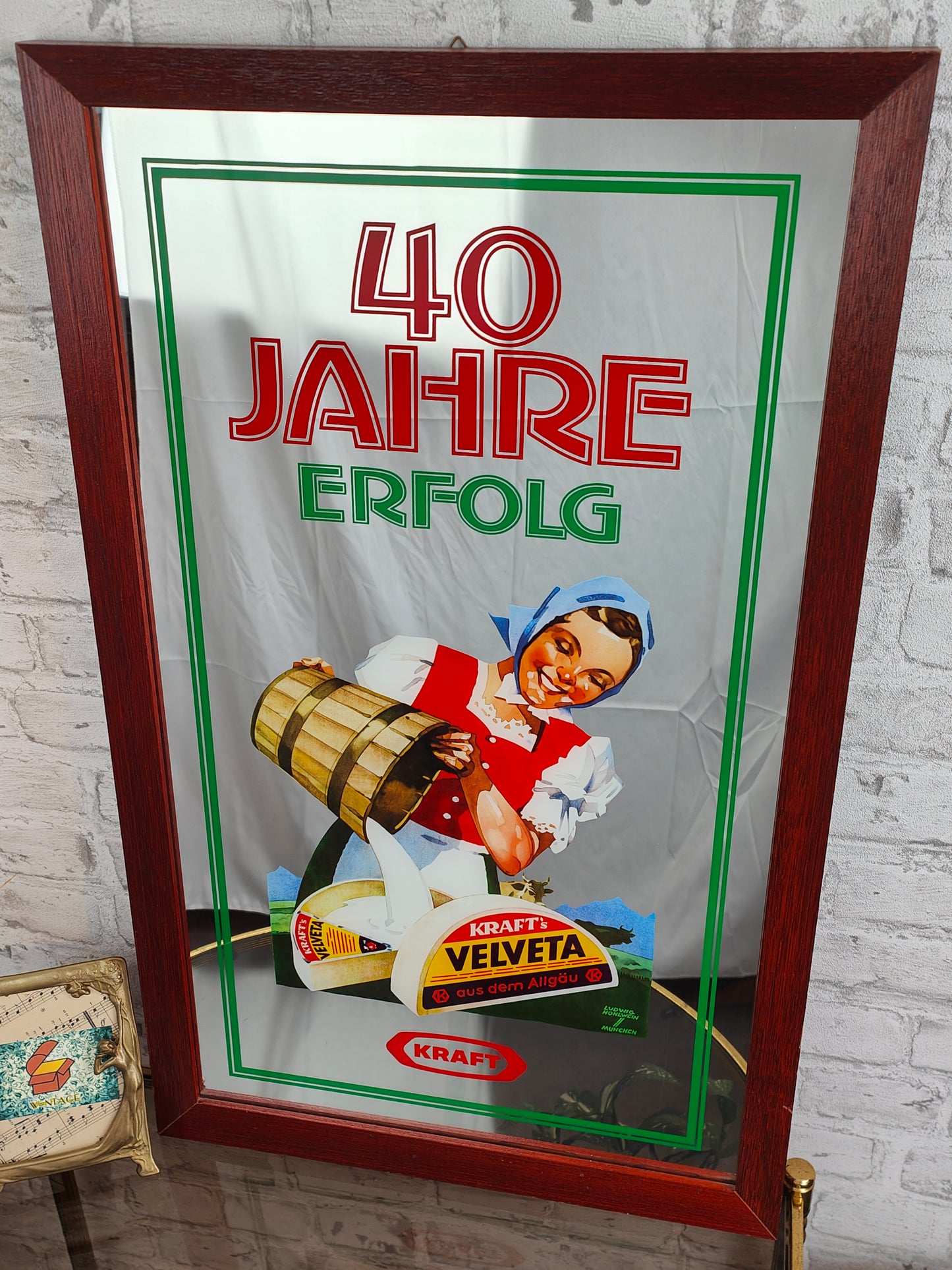 Miroir publicitaire Kraft 40 ans de succès Velveta Allgäu miroir publicitaire anniversaire enseigne publicitaire rareté maison de campagne années 60 miroir publicitaire vintage