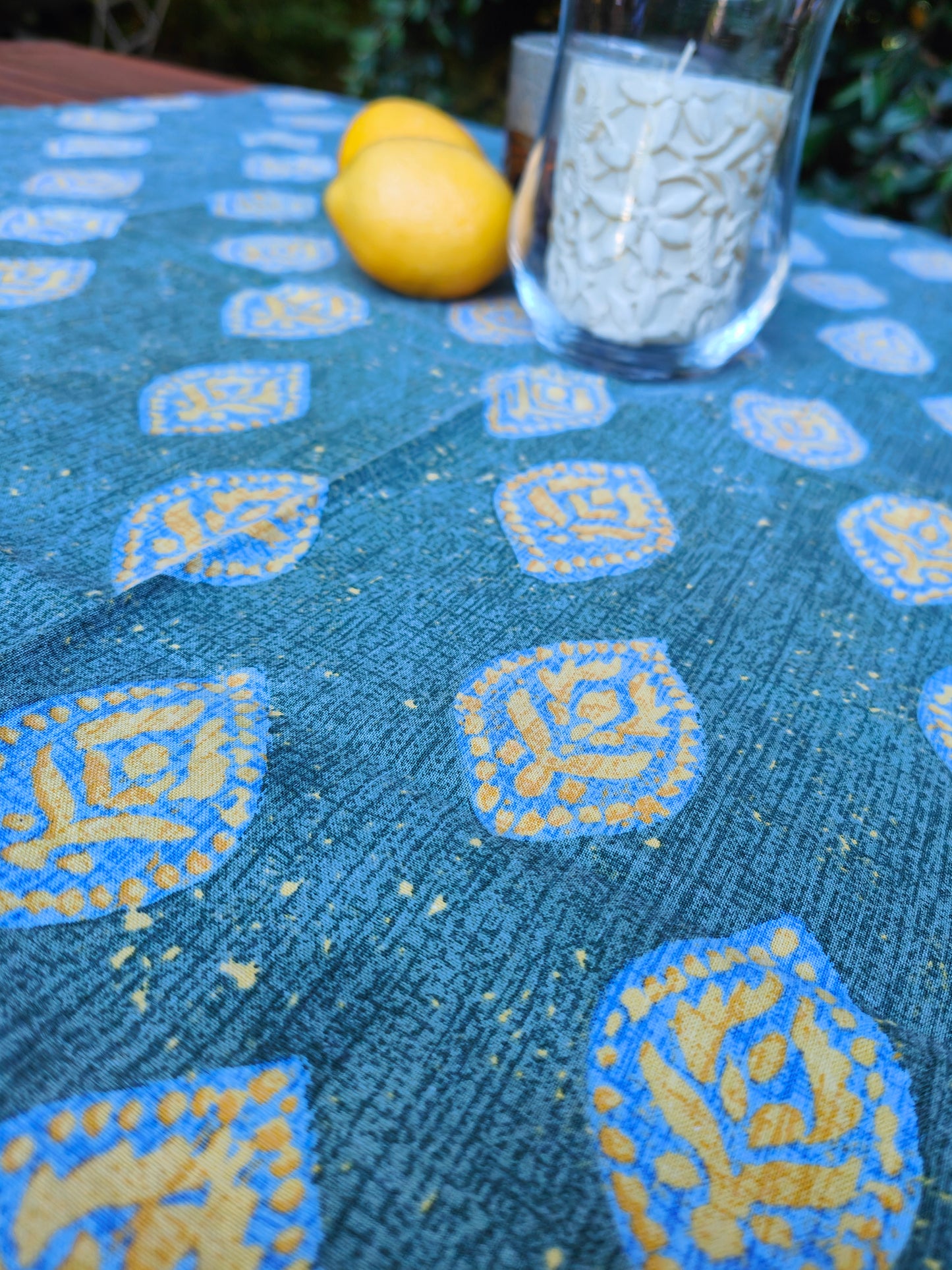 Tablecloth leaf pattern square blue yellow table runner vintage cotton paisley ornaments outside summer India France Orient Boho